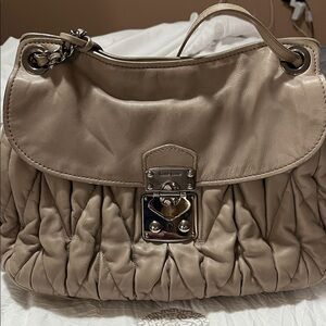Miu Miu Taupe Ruched Leather Shoulder Bag with Silver Hardware